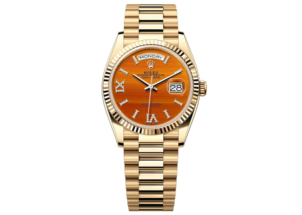 Rolex Day Date 36mm 128238 Yellow Gold President Carnelian Diamond Set PrymTime Watches