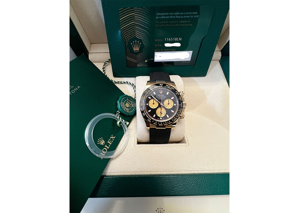 Rolex Cosmograph Daytona 40mm 116518 Yellow Gold Oysterflex Black Dial PrymTime Watches
