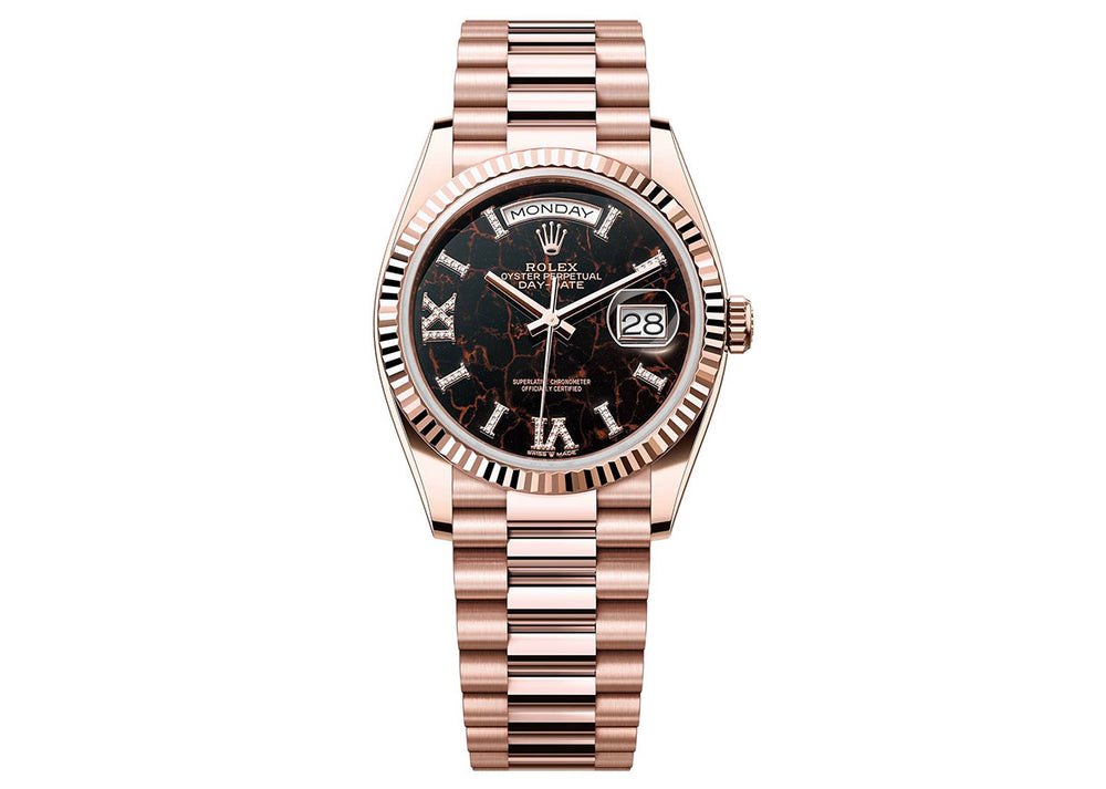 Rolex Day Date 36mm 128235 Everose Gold President Eisenkiesel Diamond PrymTime Watches
