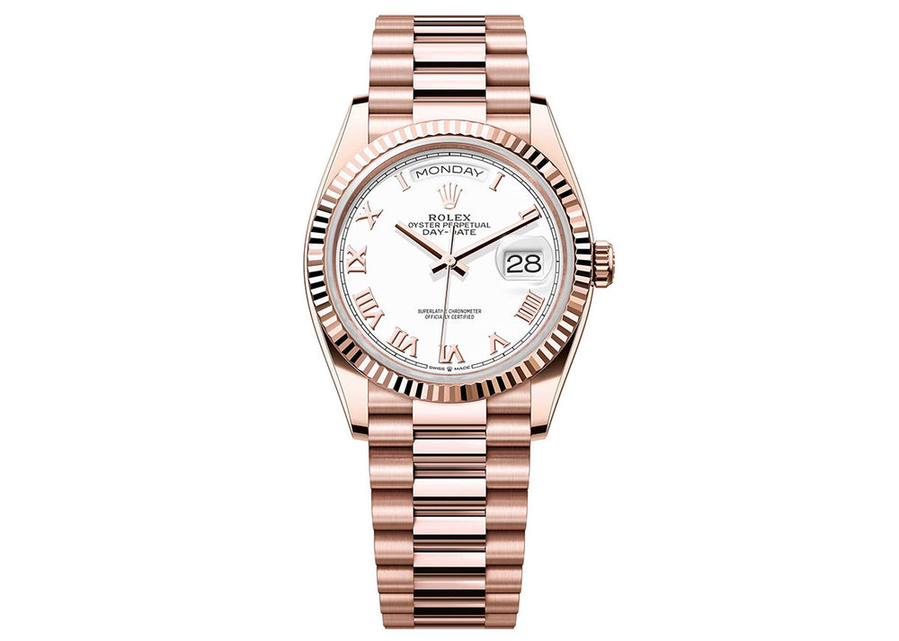 Rolex Day-Date 36mm 128235 Everose Gold President Roman White Dial