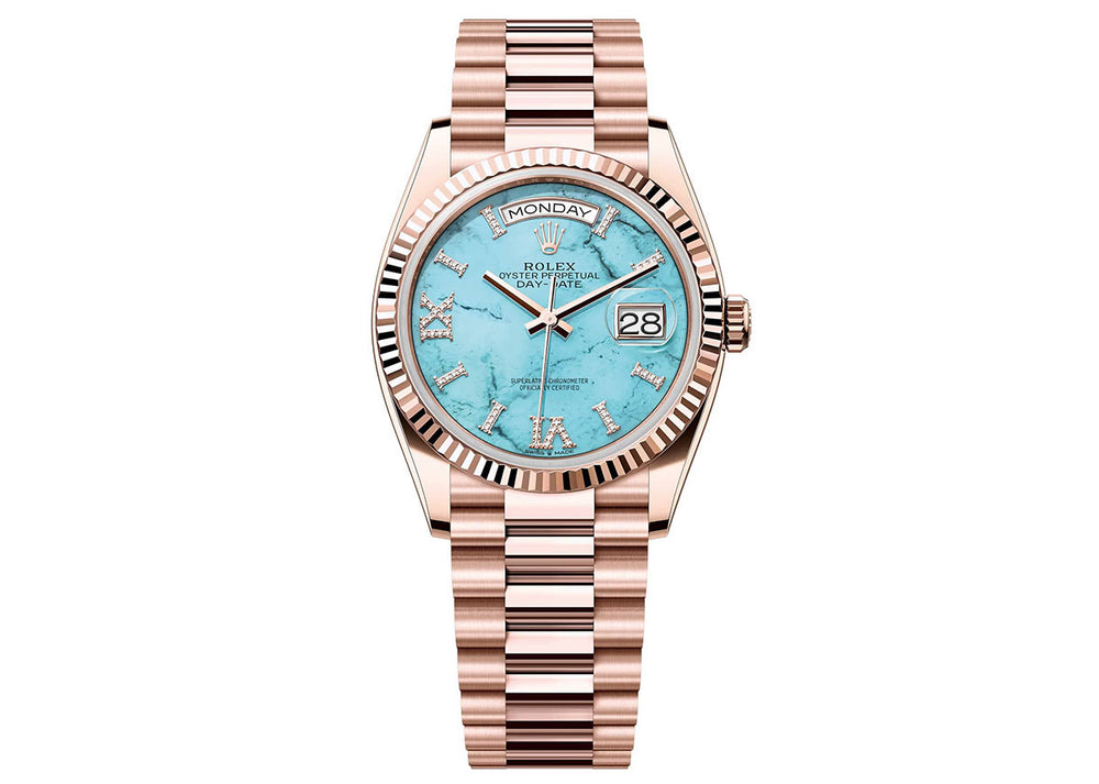 Rolex Day-Date 36mm 128235 Everose Gold President Diamond-Set Turquoise Dial