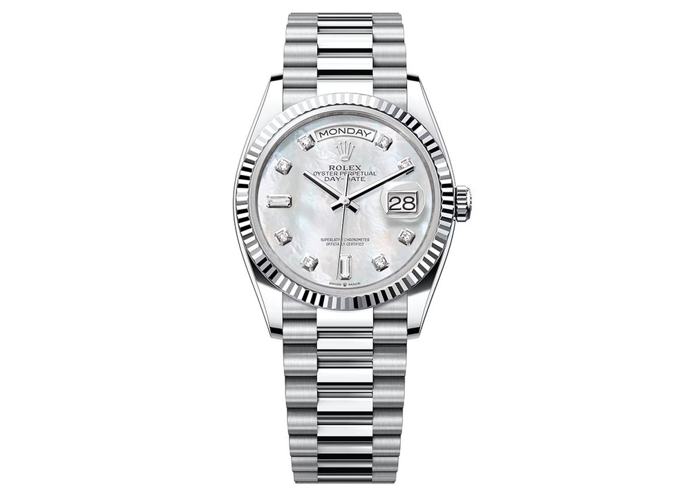 Rolex Day-Date 36mm 128236 Platinum President Fluted Mother-of-Pearl Dial