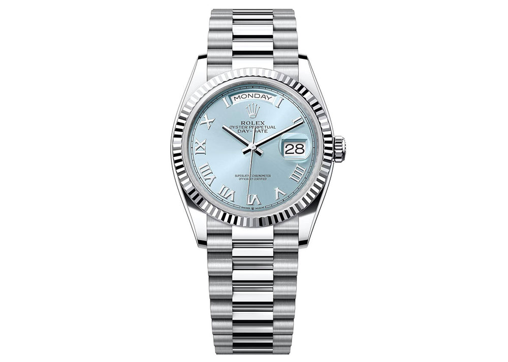 Rolex Day-Date 36mm 128236 Platinum President Ice Blue Roman Dial