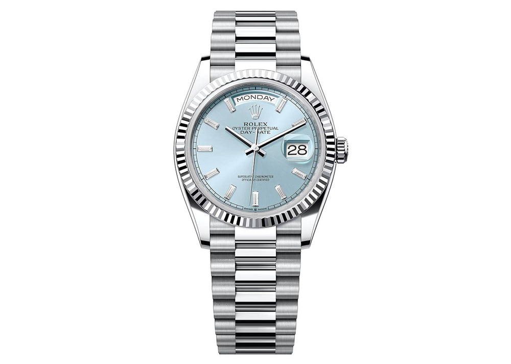 Rolex Day Date 36mm 128236 Platinum President Ice Blue Dial PrymTime Watches