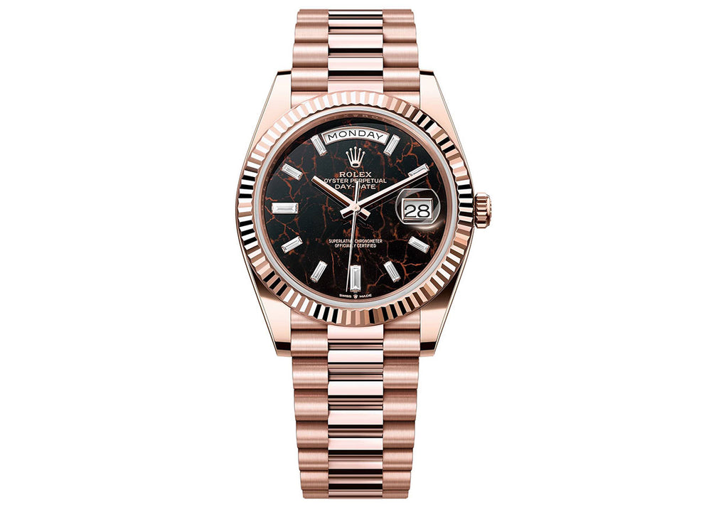 Rolex Day-Date 40mm 228235 Everose Gold President Eisenkiesel Baguette Dial