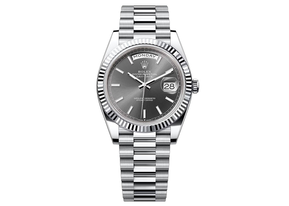 Rolex Day-Date 40mm 228236 Platinum President Fluted Bezel Grey Dial