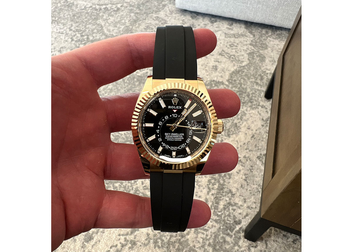 Rolex Sky Dweller 42mm 326238 Oysterflex Yellow Gold Black Dial PrymTime Watches